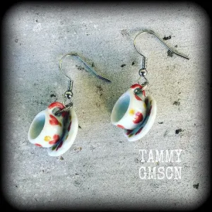 Tea cup earrings Tea Party Heart earrings Tea cup jewelry Alice in Wonderland 5mm Tunnel earrings 4mm Tunnel dangles 3mm Plug earrings Plugs