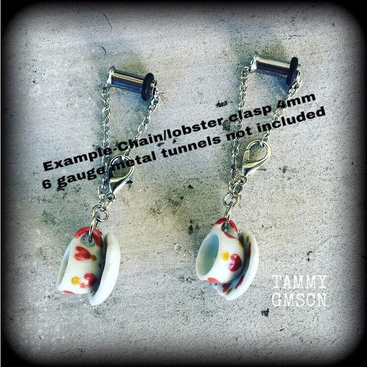 Tea cup earrings Tea Party Heart earrings Tea cup jewelry Alice in Wonderland 5mm Tunnel earrings 4mm Tunnel dangles 3mm Plug earrings Plugs