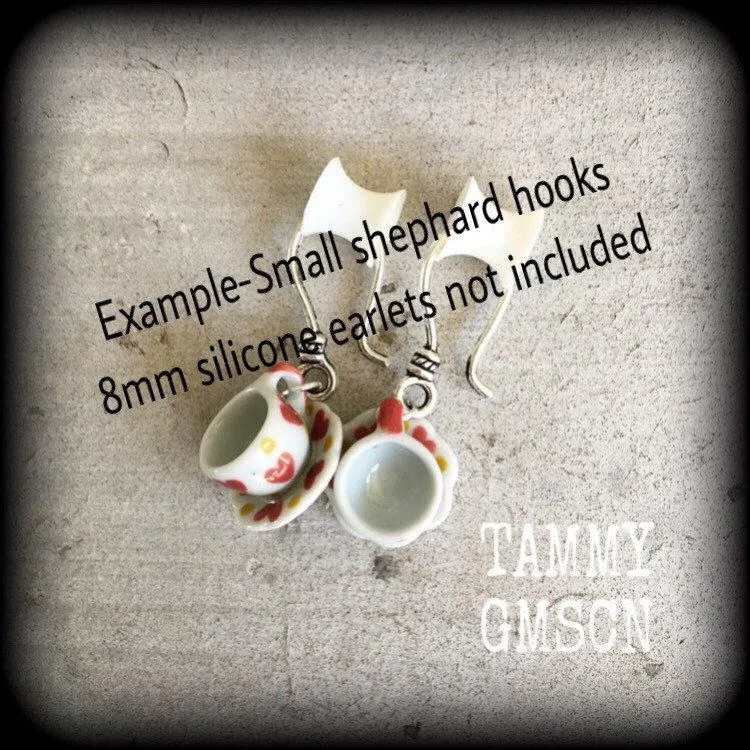 Tea cup earrings Tea Party Heart earrings Tea cup jewelry Alice in Wonderland 5mm Tunnel earrings 4mm Tunnel dangles 3mm Plug earrings Plugs