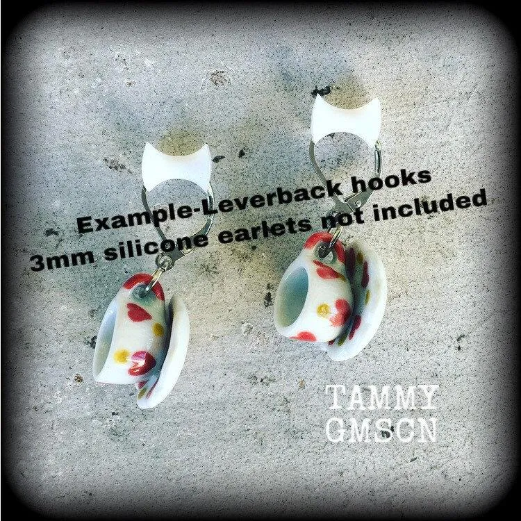Tea cup earrings Tea Party Heart earrings Tea cup jewelry Alice in Wonderland 5mm Tunnel earrings 4mm Tunnel dangles 3mm Plug earrings Plugs