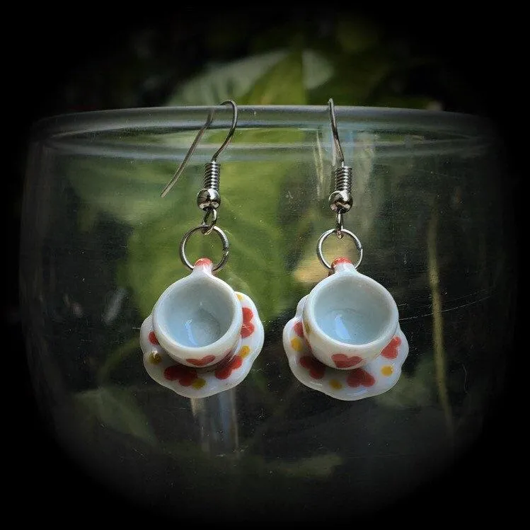 Tea cup earrings Tea Party Heart earrings Tea cup jewelry Alice in Wonderland 5mm Tunnel earrings 4mm Tunnel dangles 3mm Plug earrings Plugs