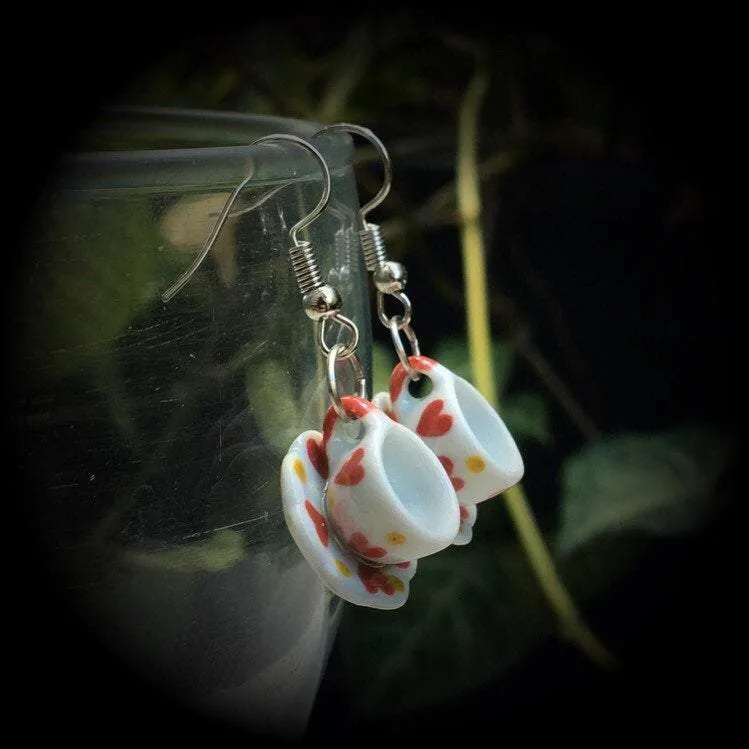 Tea cup earrings Tea Party Heart earrings Tea cup jewelry Alice in Wonderland 5mm Tunnel earrings 4mm Tunnel dangles 3mm Plug earrings Plugs