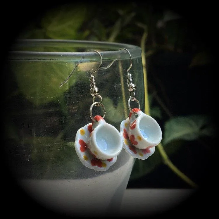 Tea cup earrings Tea Party Heart earrings Tea cup jewelry Alice in Wonderland 5mm Tunnel earrings 4mm Tunnel dangles 3mm Plug earrings Plugs
