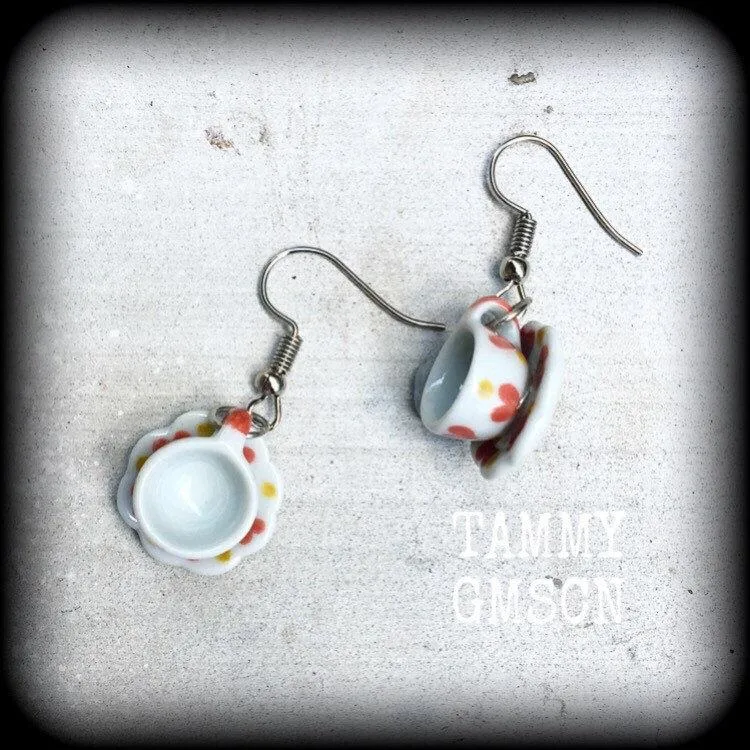 Tea cup earrings Tea Party Heart earrings Tea cup jewelry Alice in Wonderland 5mm Tunnel earrings 4mm Tunnel dangles 3mm Plug earrings Plugs