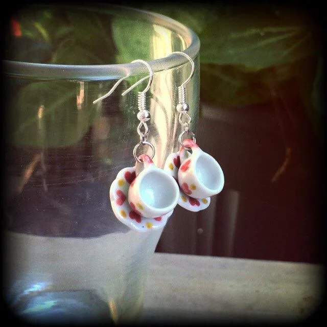 Tea cup earrings Tea Party Heart earrings Tea cup jewelry Alice in Wonderland 5mm Tunnel earrings 4mm Tunnel dangles 3mm Plug earrings Plugs