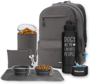 The Original Doggy Bag Backpack (Dark Grey) & 32oz Insulated Water Bottle with Attached 8oz Bowl (Dogs Are My Favorite People)  Dog Travel Backpack & Hydration Set
