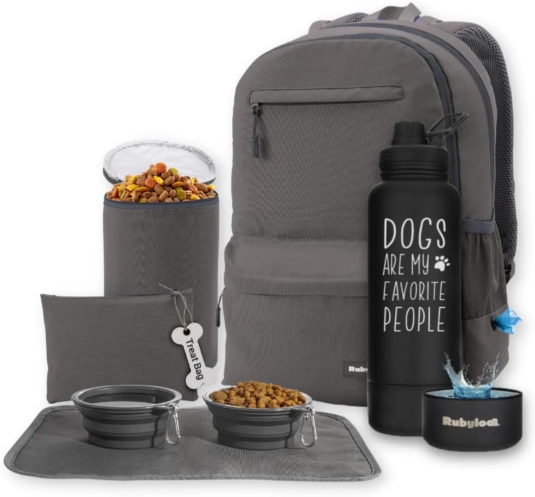 The Original Doggy Bag Backpack (Dark Grey) & 32oz Insulated Water Bottle with Attached 8oz Bowl (Dogs Are My Favorite People)  Dog Travel Backpack & Hydration Set