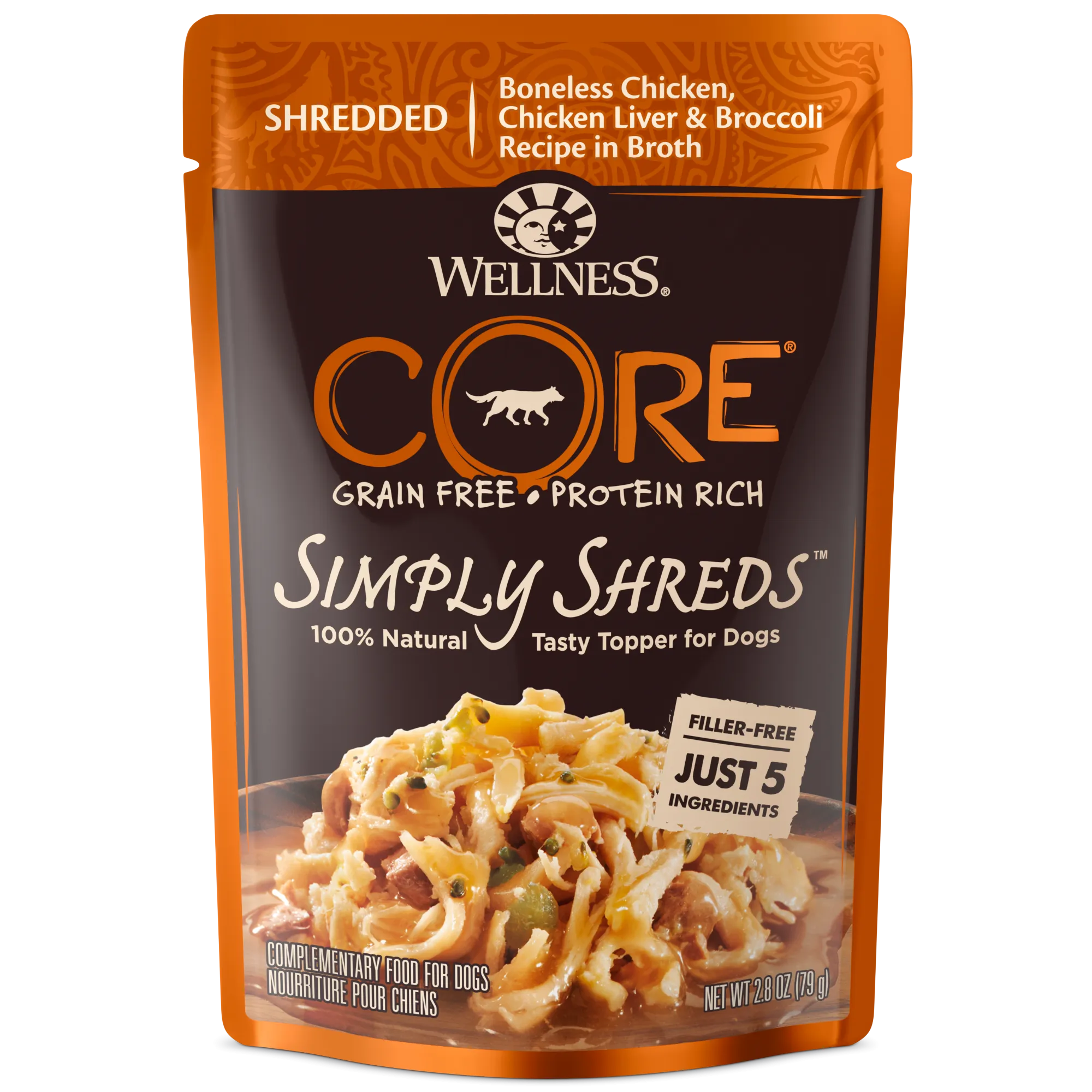 Wellness CORE Simply Shreds for Dogs Shredded Boneless Chicken, Chicken Liver & Broccoli Recipe in Broth (2.8 Oz)