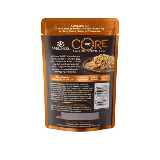 Wellness CORE Simply Shreds for Dogs Shredded Boneless Chicken, Chicken Liver & Broccoli Recipe in Broth (2.8 Oz)