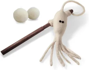 Wool Cat Toys - Felted Wool White Octopus Squid Fish Wand Toy Plus 2 Felt Ball Toys for Indoor Cats and Kittens