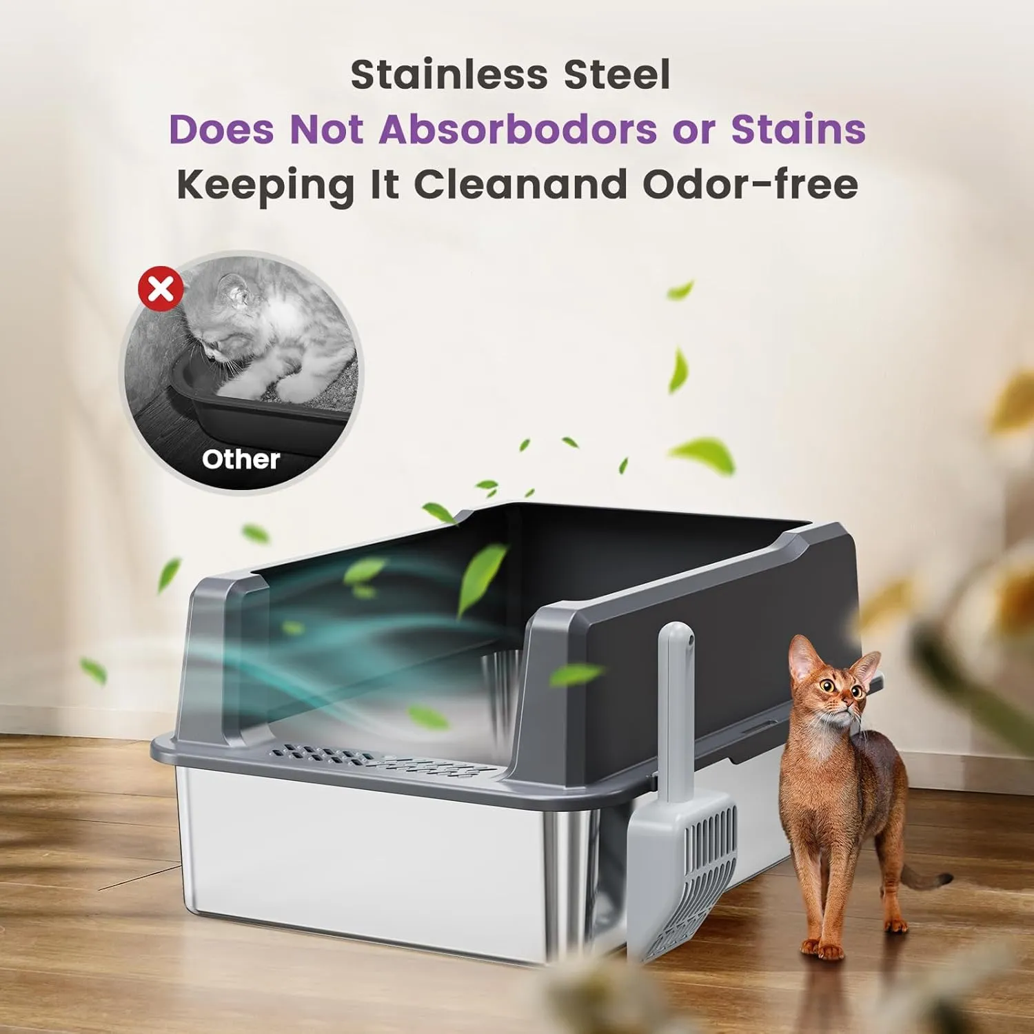 XXL Stainless Steel Cat Litter Box with High Sided, 26" L x 18" W x 12" H Extra Large Litter Box for Big Cats and Multiple Cats, Enclosure Cat Litter Pan with Anti-Urine Leakage, Easy Clean(Grey)