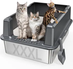 XXL Stainless Steel Cat Litter Box with High Sided, 26" L x 18" W x 12" H Extra Large Litter Box for Big Cats and Multiple Cats, Enclosure Cat Litter Pan with Anti-Urine Leakage, Easy Clean(Grey)