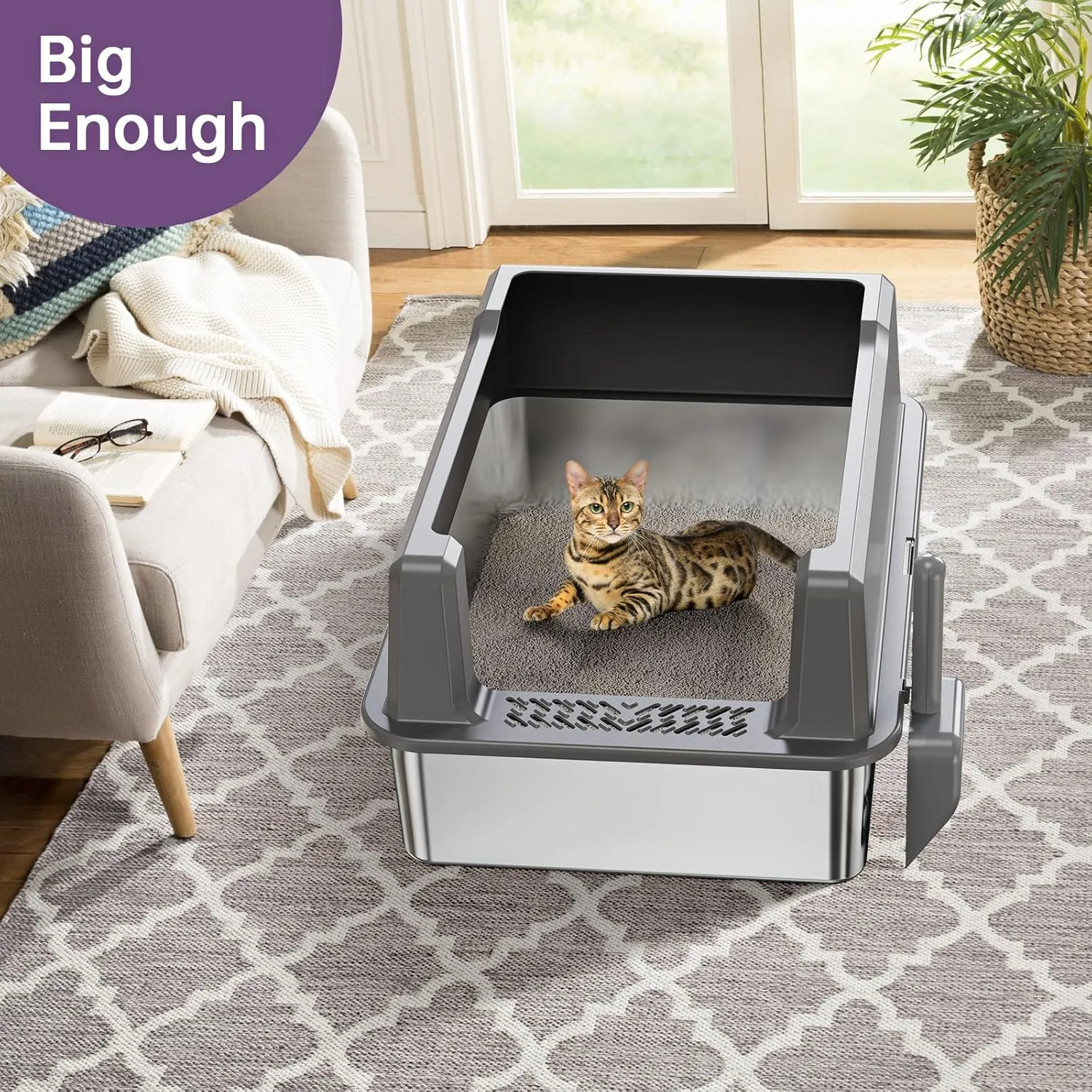 XXL Stainless Steel Cat Litter Box with High Sided, 26" L x 18" W x 12" H Extra Large Litter Box for Big Cats and Multiple Cats, Enclosure Cat Litter Pan with Anti-Urine Leakage, Easy Clean(Grey)