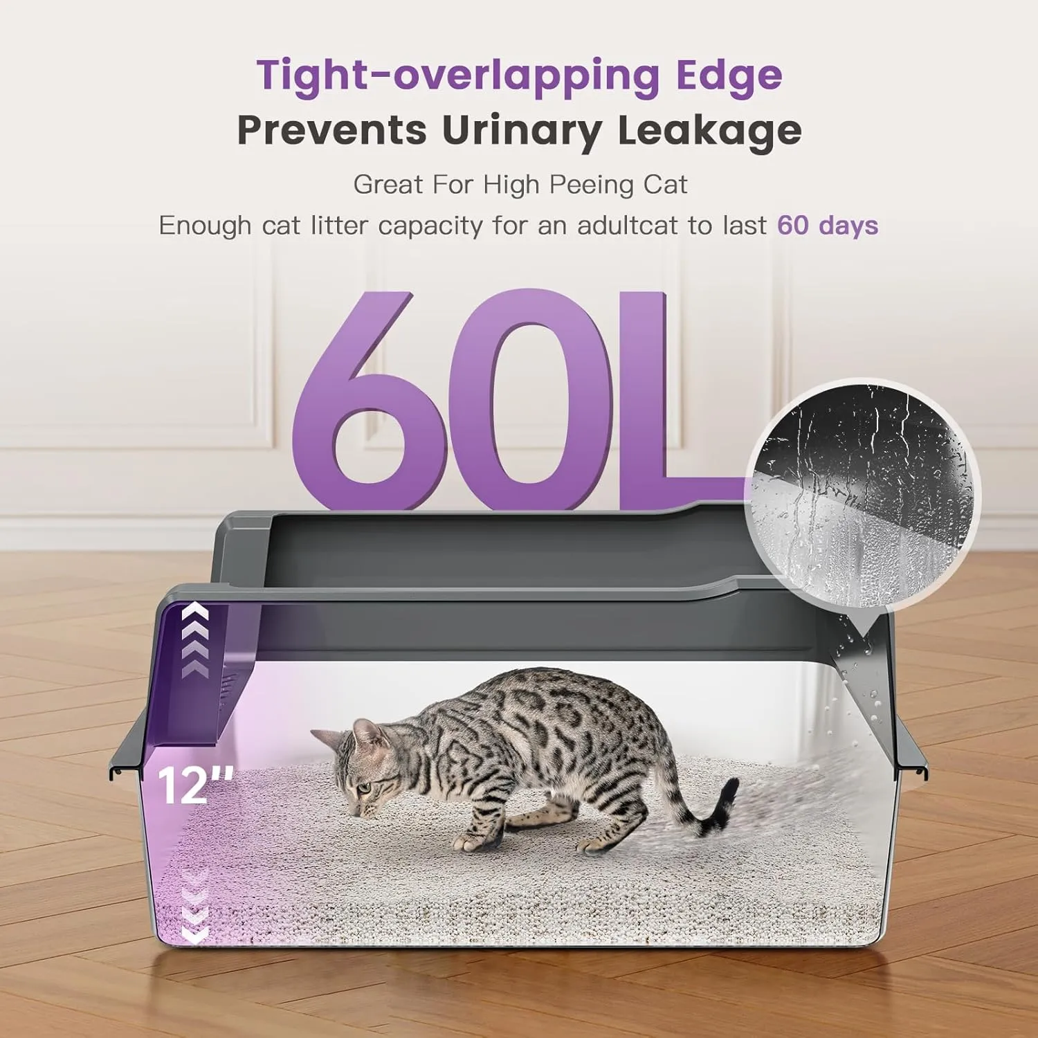 XXL Stainless Steel Cat Litter Box with High Sided, 26" L x 18" W x 12" H Extra Large Litter Box for Big Cats and Multiple Cats, Enclosure Cat Litter Pan with Anti-Urine Leakage, Easy Clean(Grey)