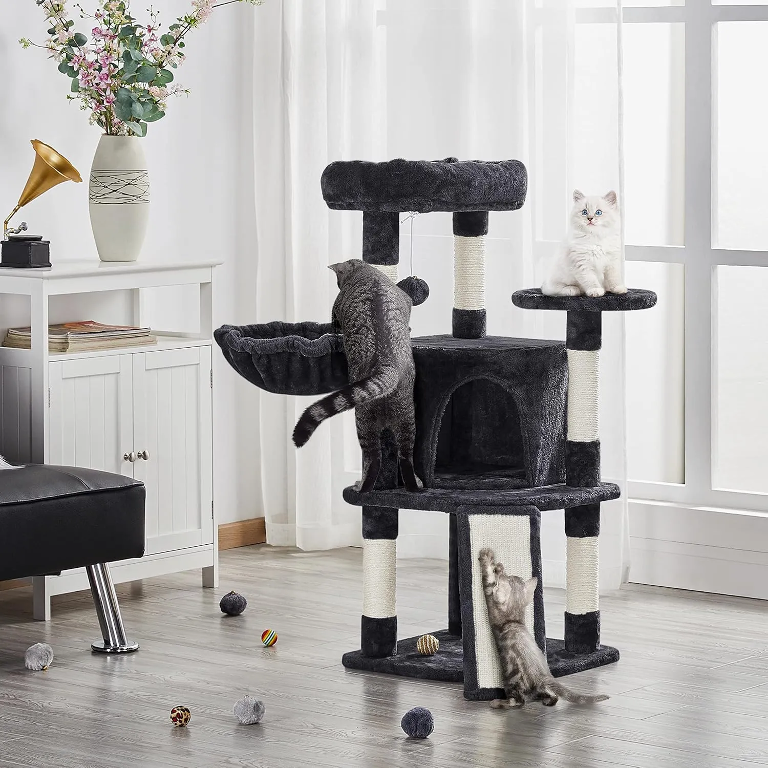 Yaheetech Cat Tree, 42in Cat Tower for Indoor Kittens, Pet Play House with Large Perch & Scratching Posts & Cozy Condo & Scratching Ramp, Kitten Furniture Activity Center, Black