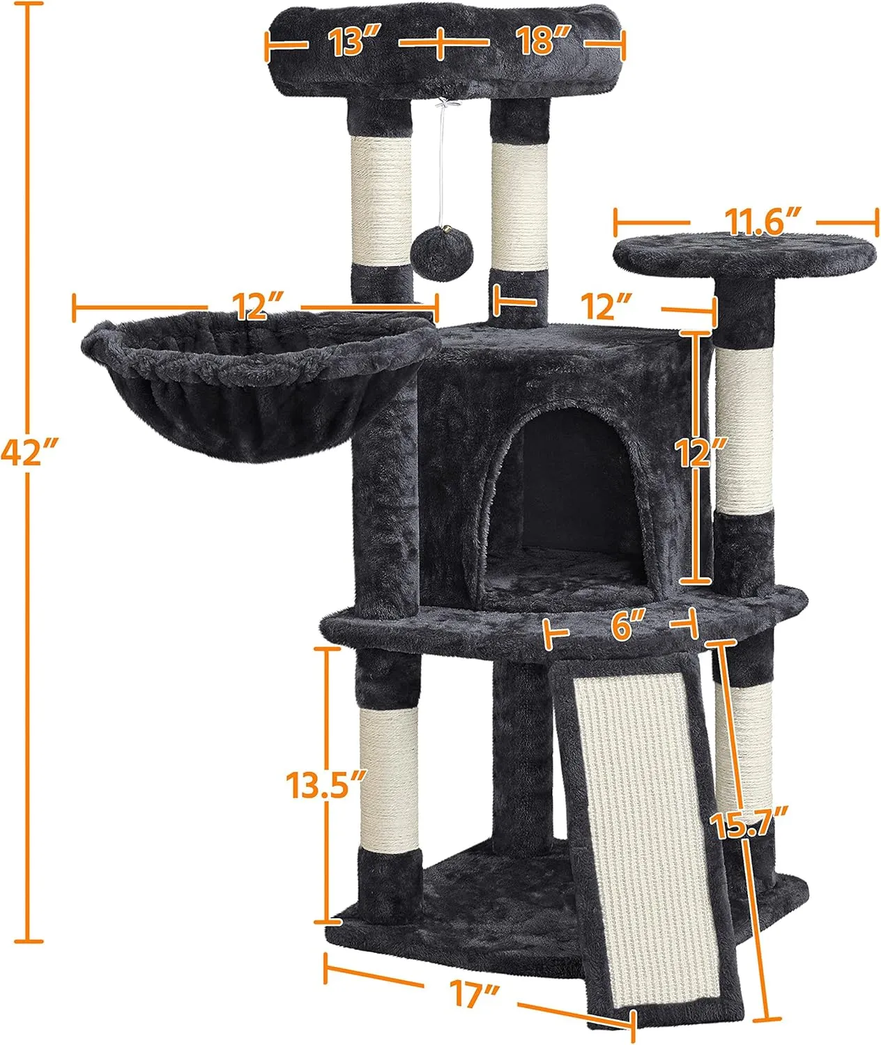 Yaheetech Cat Tree, 42in Cat Tower for Indoor Kittens, Pet Play House with Large Perch & Scratching Posts & Cozy Condo & Scratching Ramp, Kitten Furniture Activity Center, Black